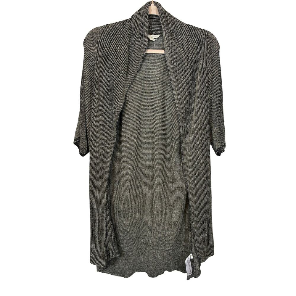 Eileen Fisher Tweed Gray Organic Linen Knit Short Sleeve Open Front Cardigan L